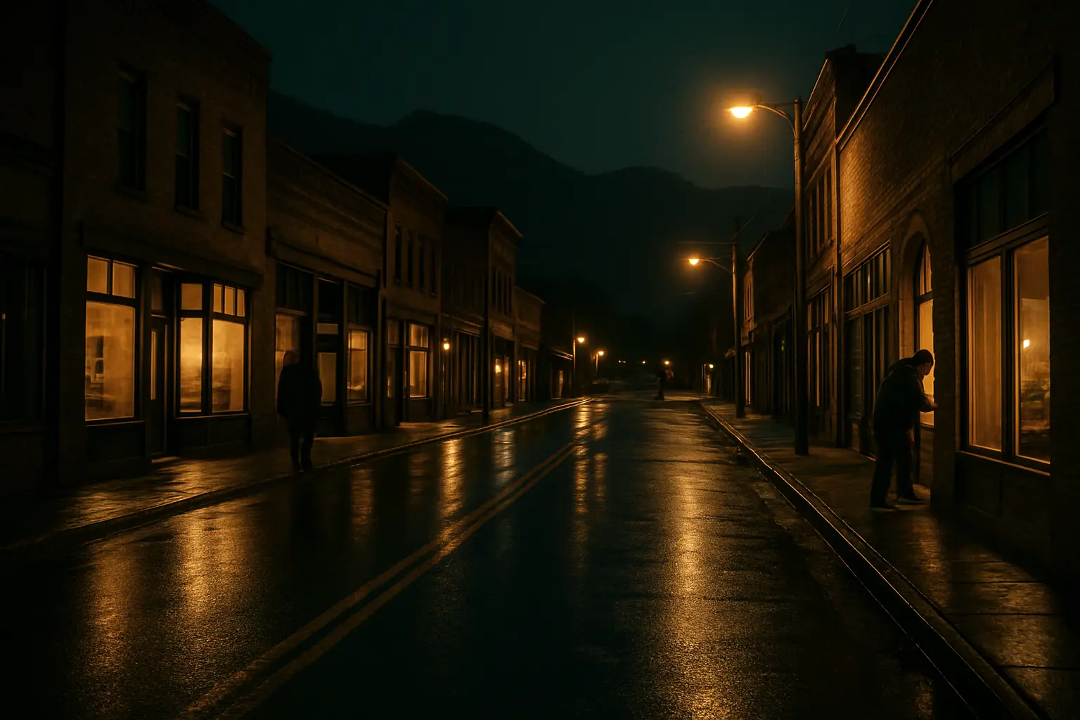 A small-town Wyoming main street at night after rain