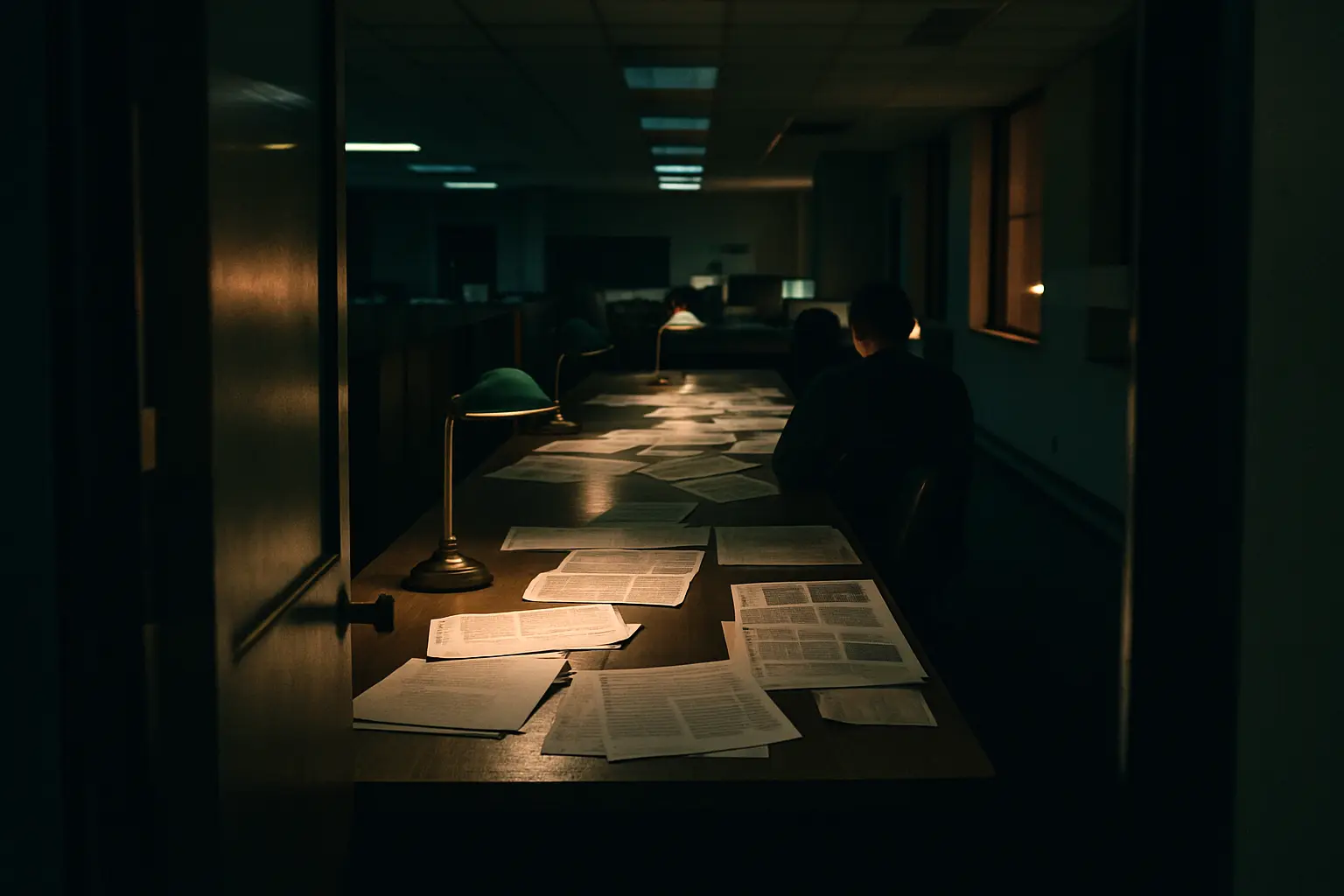 A long copy-desk table with lamps and proof sheets at night