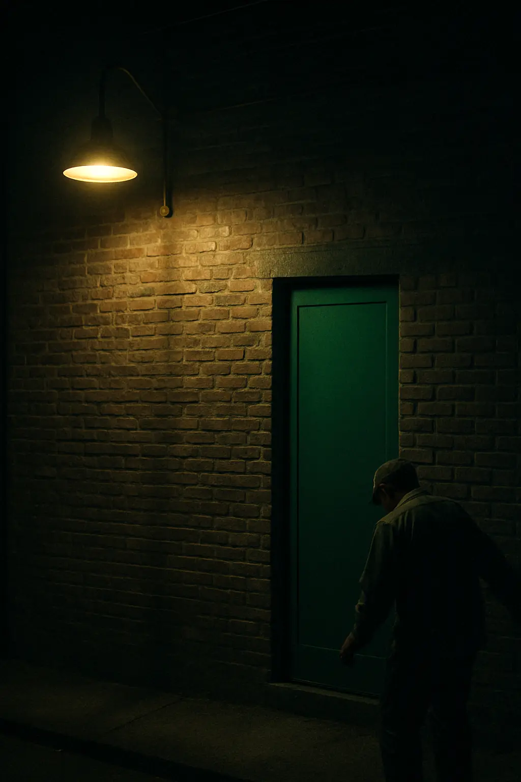 One freshly painted door in an old brick wall under a street lamp