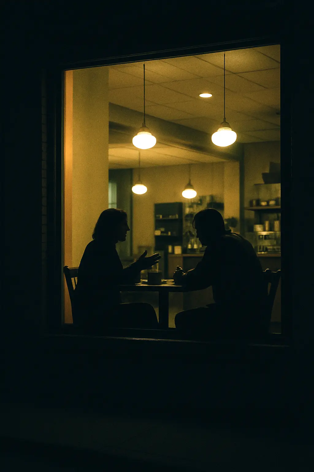 Two people talking at a table in a lit café window at night