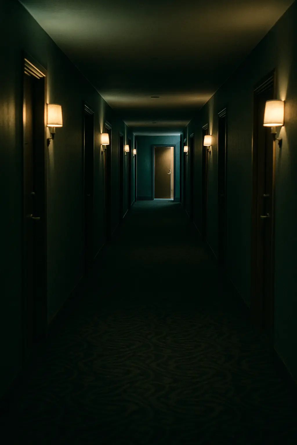 A hotel corridor of identical doors, one at the end left ajar