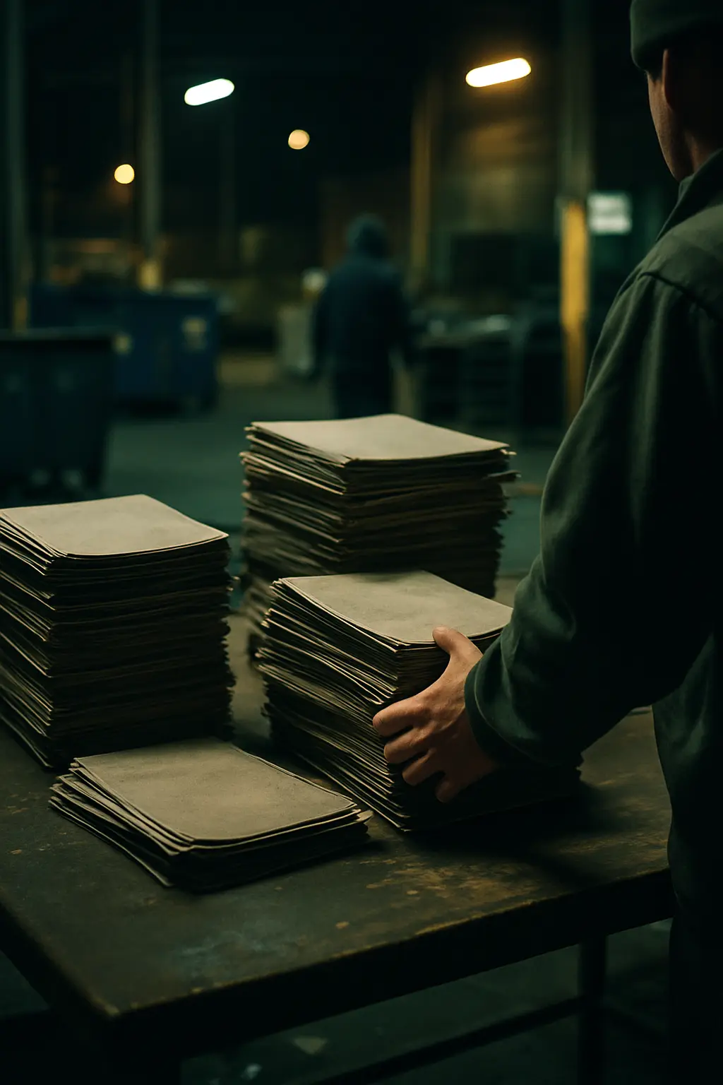 Stacks of old magazines being sorted at night