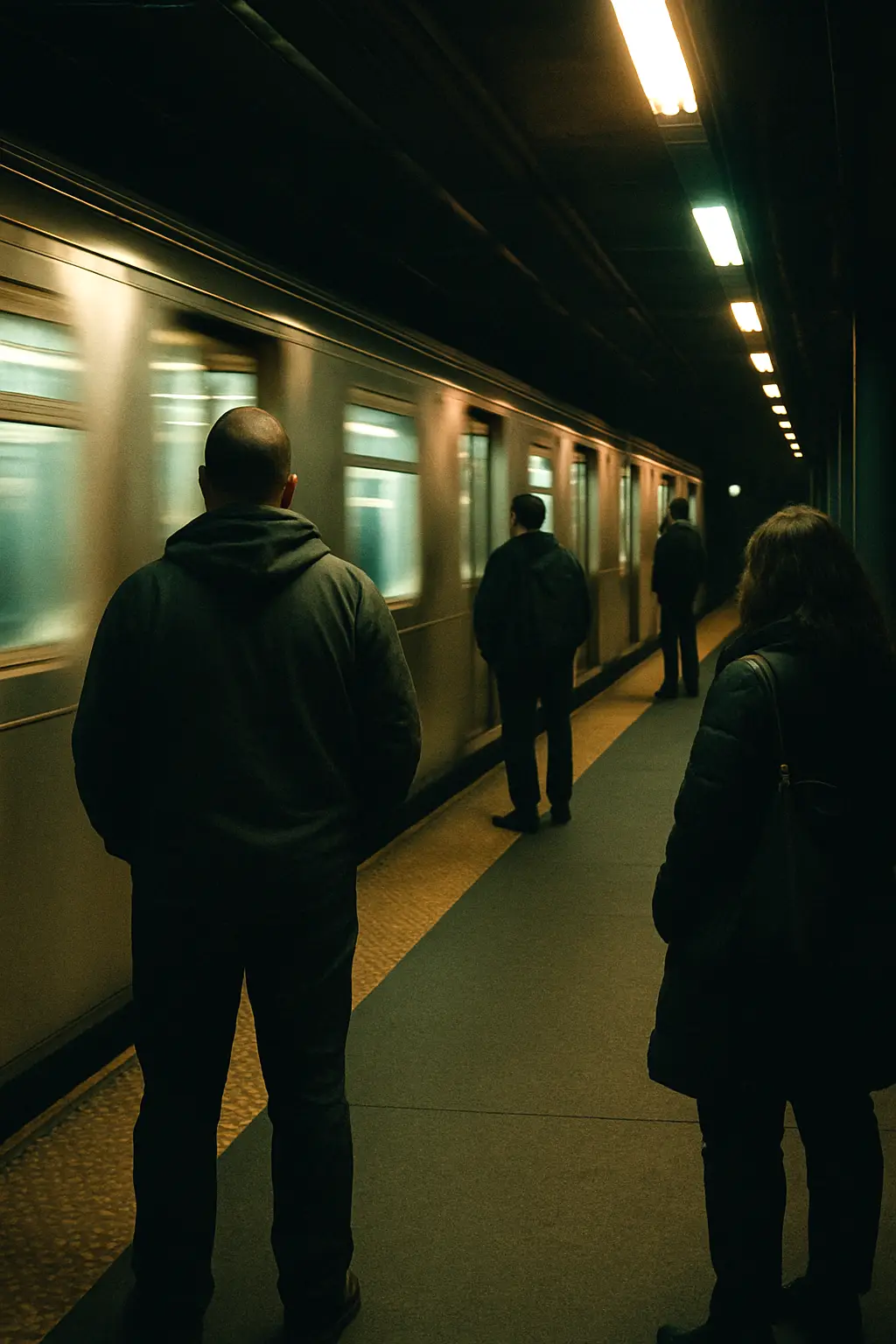 Commuters waiting as a train pulls into a subway platform at night