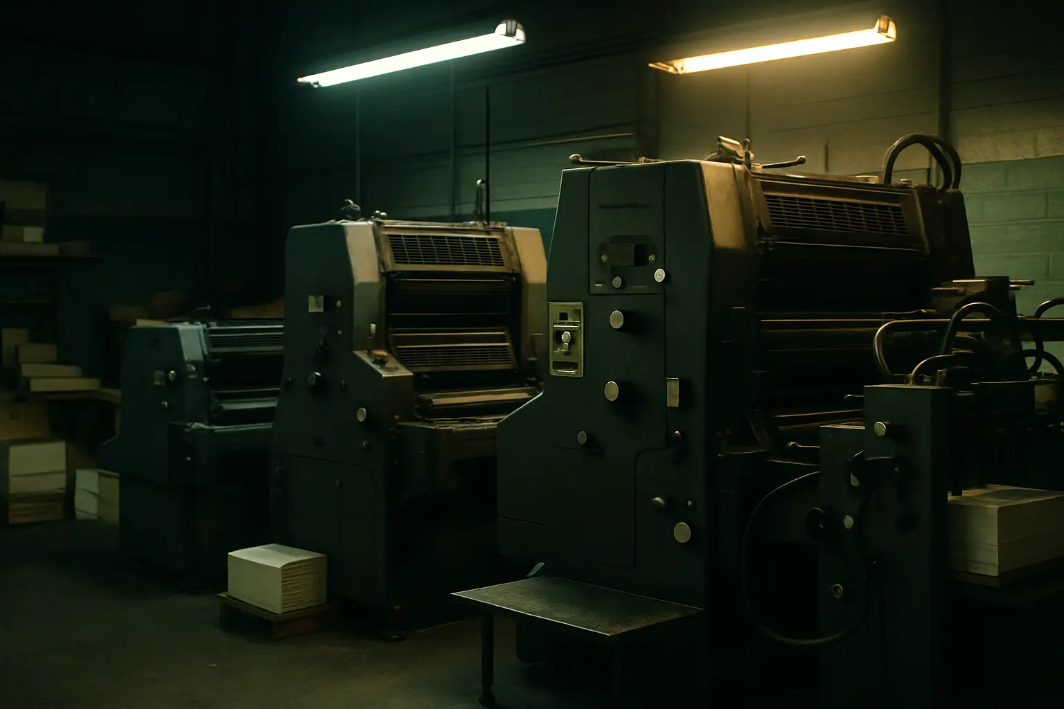 Three printing presses of different sizes side by side under work lights