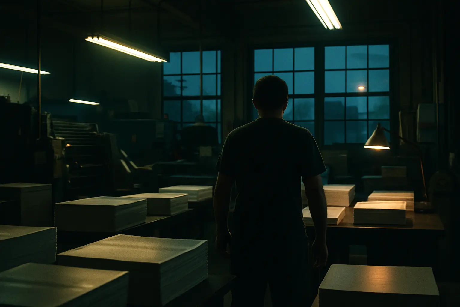 A print shop at the end of a night shift as blue morning light comes in