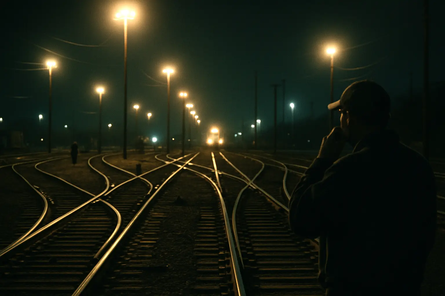 Railway tracks branching and merging under floodlights at night