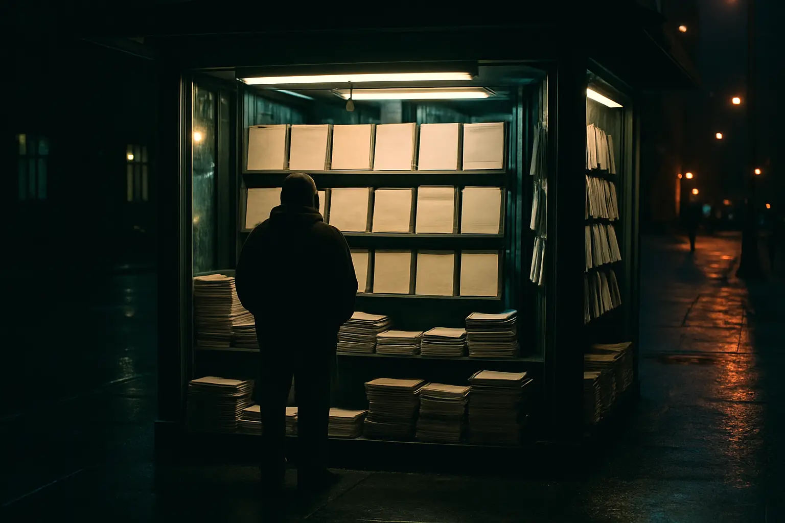 A late-night newsstand lit from inside on a wet street
