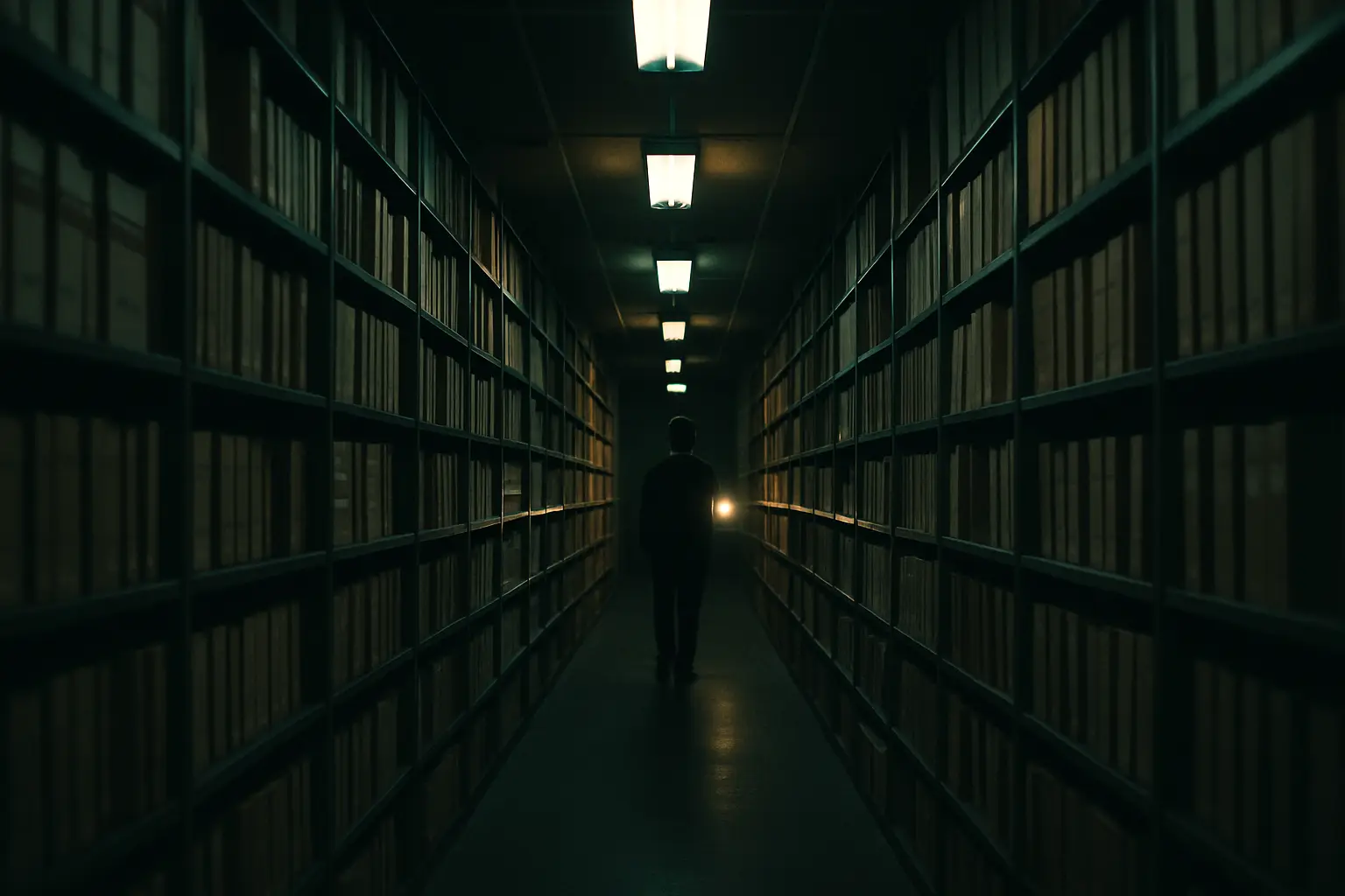 A long archive aisle under fluorescent lights, a flashlight at the far end