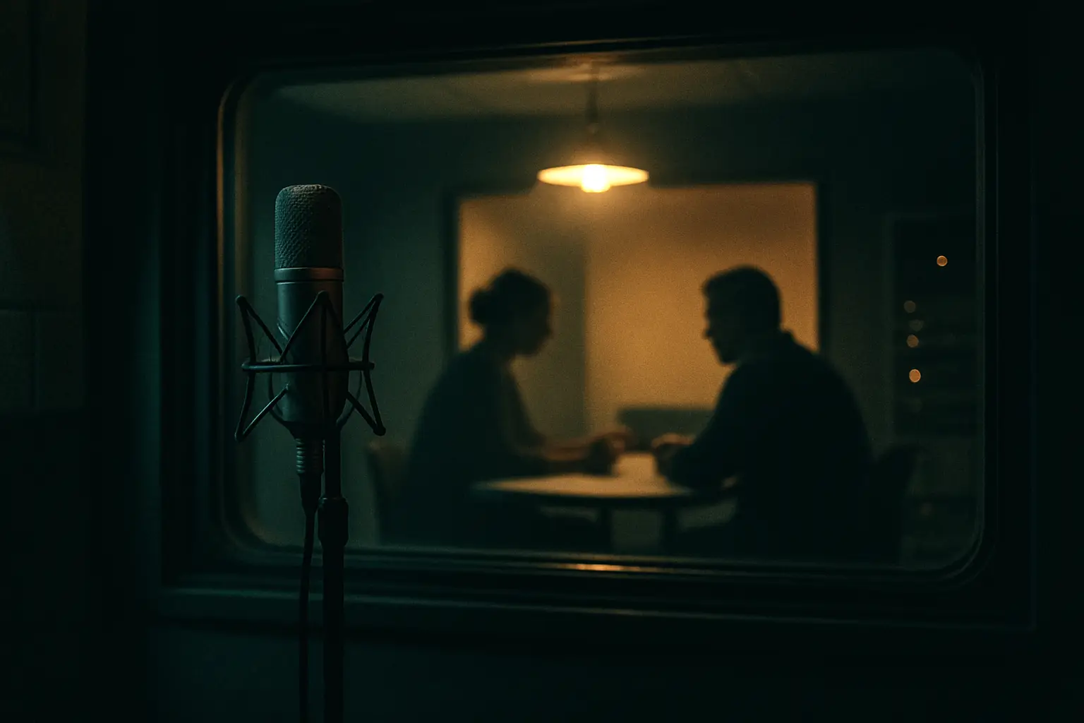 Two people talking in a small recording studio at night, seen through the glass