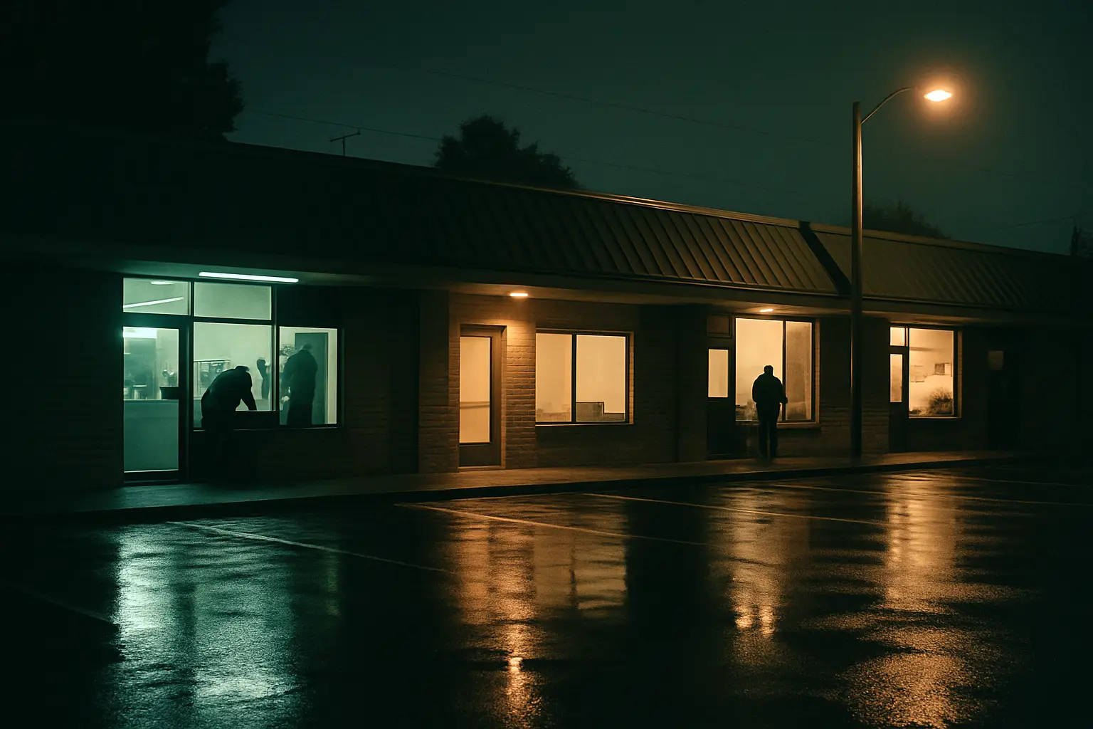 A strip of small storefronts at night after rain, lights reflected in the parking lot