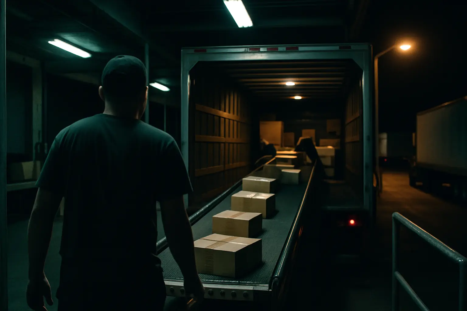 Parcels moving along a conveyor into a truck at a night loading dock