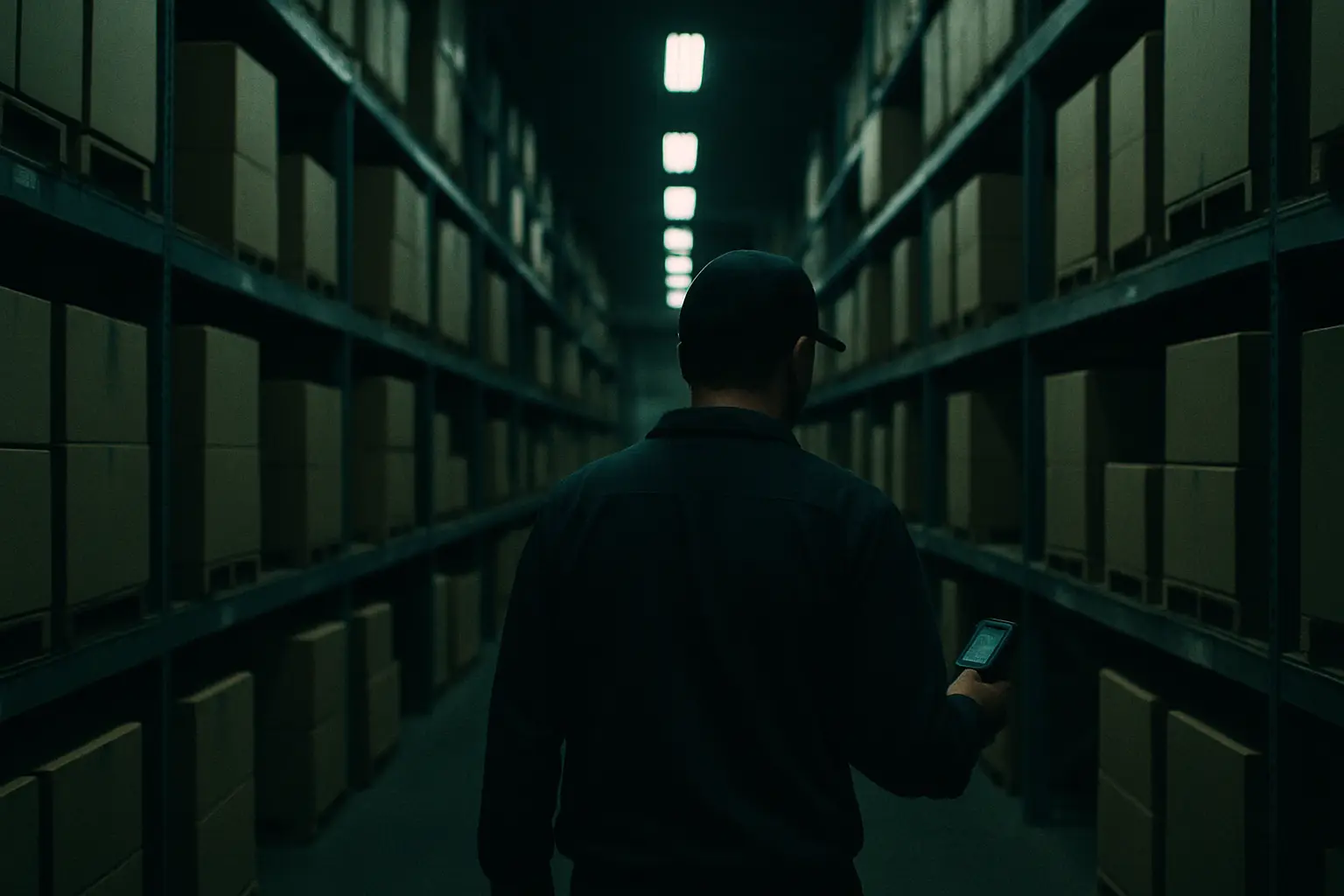 A warehouse worker with a handheld scanner in a pick aisle at night