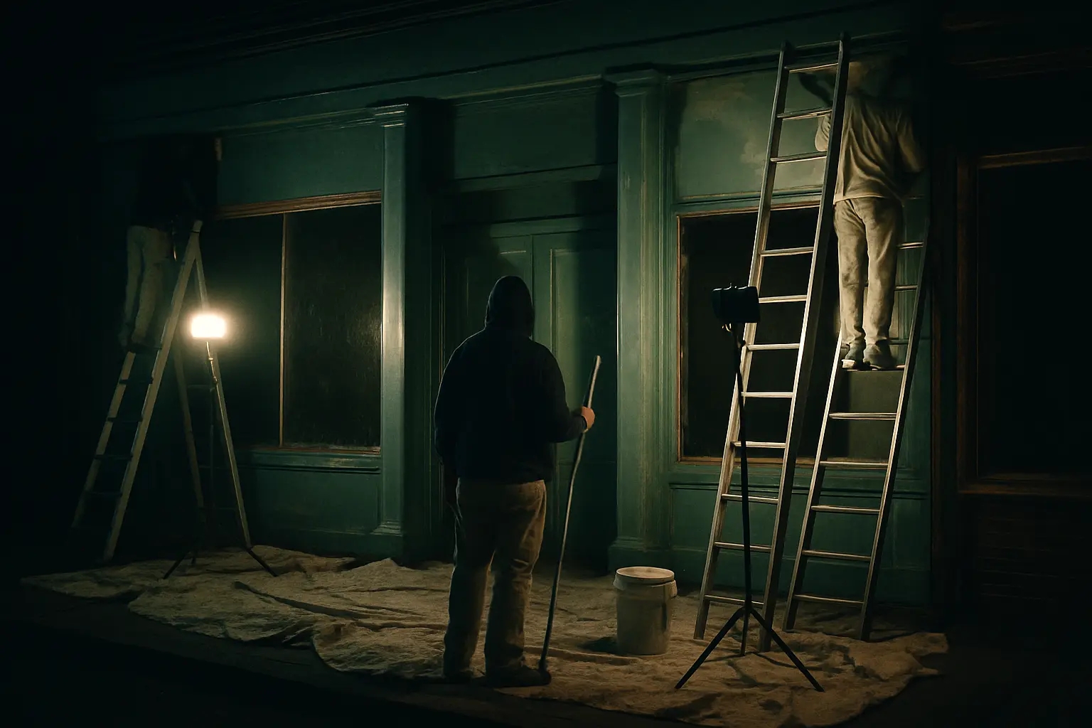 A night crew repainting an old storefront under work lights