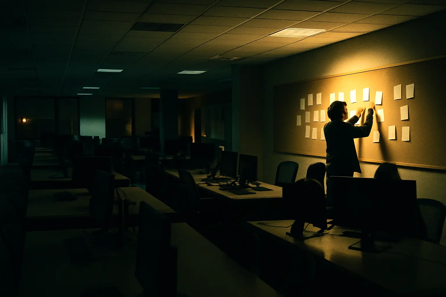 Someone pinning cards to a long wall in a dark open office at night