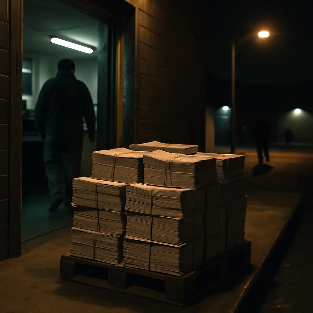 Bundles of freshly printed paper stacked at a loading bay at night