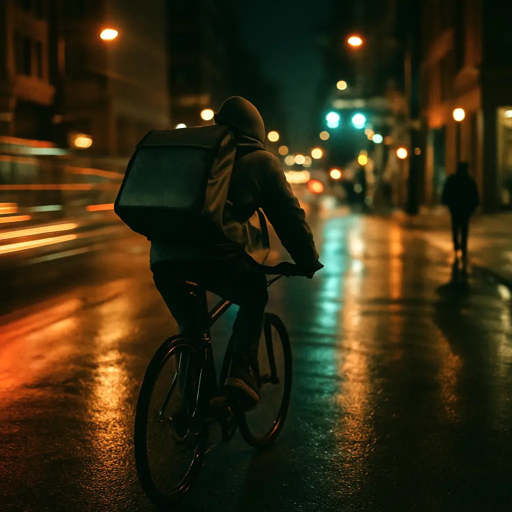 A bicycle courier riding down a wet city street at night
