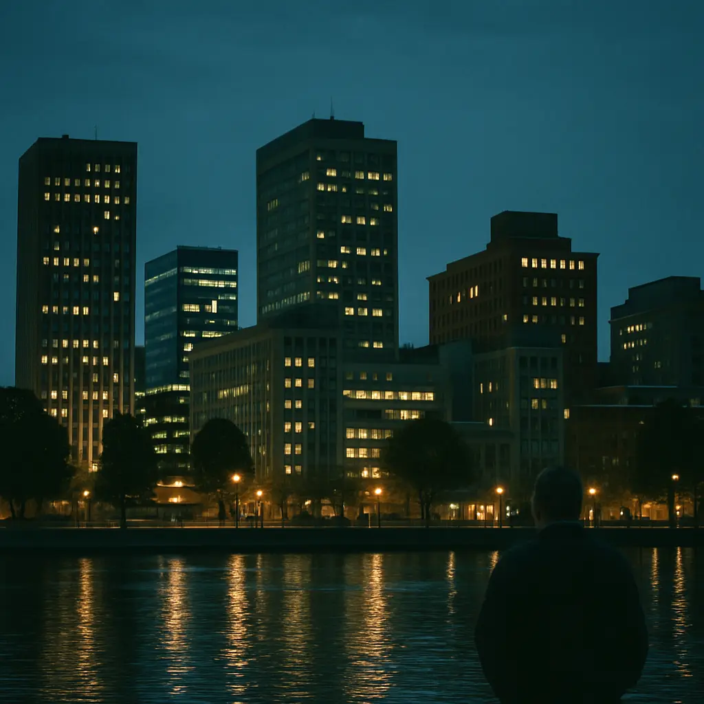 A city skyline at blue hour with lit windows over the water