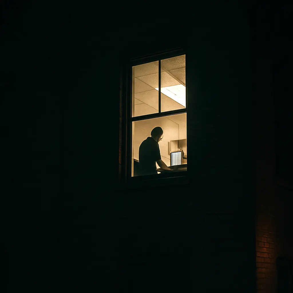One lit office window in a dark brick building at night